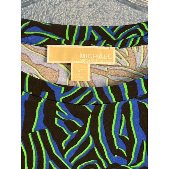 Michael Kors Womens 2X Top Black Blue & Green Abstract Print Short Sleeve - Picture 4 of 9